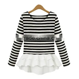 Autumn Latest Design Round Neck Ivory Long Sleeve Chiffon Stitching Knitting Striped Printing t Shirt Design thumbnail-2