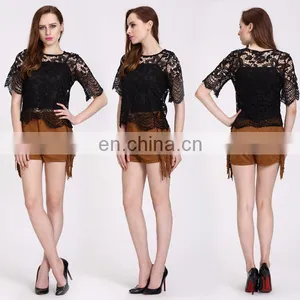 2016 Black Lace Ladies Fashion Tops And Blouses For Women thumbnail-5