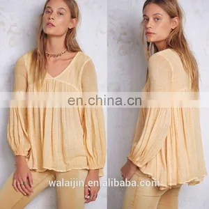 High Quality 3/4 Sleeve Cotton Yarn Babydoll Shirt , Ladies Gauze Shirt thumbnail-3