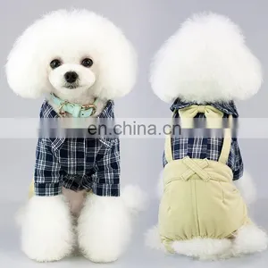 Hot Sale Fashionable Pet Clothing Suspender Trousers Set With Plaid Coat Bow Tie For Pets thumbnail-4