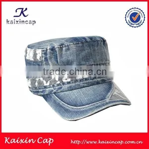 High Quality Wholesale Custom Made Blank Design Your Own Blue Jean Flat Top Military Cap thumbnail-1