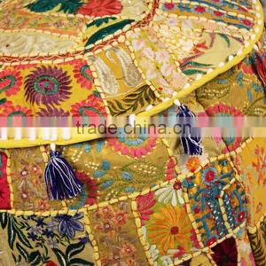 Indian Ethnic Vintage Footstool Furniture Patchwork Bohemian Round Cotton Chair Pouffe Pouf Ottoman thumbnail-2