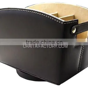 Rotating Black Vinyl Faux Leather DESK ORGANIZER Valet Tray With Elegant White Stitching thumbnail-1