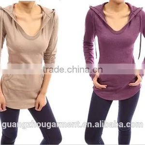 Cotton Hoodie Ribbed Sides Pocket Curve Hem Tunic Casual Top Adult Age Plain Crop Tops,long Sleeve Top,online Clothing Store thumbnail-1