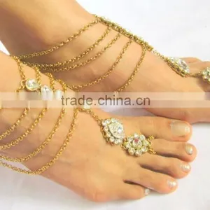 GOLD Tone KUNDAN CHAIN PAYAL Anklets Pair Toe Ring thumbnail-3