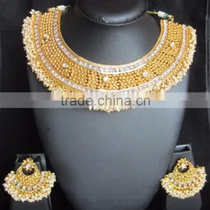 GOLD PLATED TEMPLE DESIGN BROAD Necklace RAMLEELA EARRING Set thumbnail-1