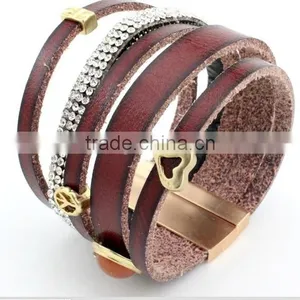 Genuine Leather Cuff Bracelets,girls Leather Heart Bracelet,crystal Gift Bracelets With Magnetic Clasp thumbnail-3