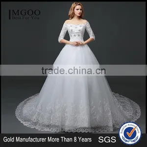 MGOO Lace Trim Hem Beaded Empire Vintage Floor Length Off Shoulder Wedding Dress Bride Grown Long Sleeve thumbnail-1