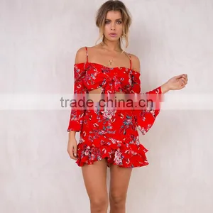 Front Tie Girls 2 Piece Crop Set Long Sleeve Floral Tops and Mini Skirts thumbnail-2