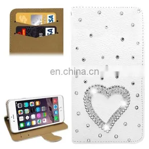 New Design Heart Shape Pattern Pattern Diamond Encrusted Leather Case With Holder and Card Slots for IPhone 6 thumbnail-1