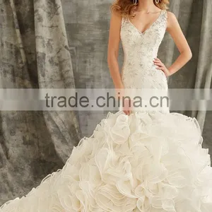 Ruffle Wedding Dress Women Ivory Organza Lace Wedding Mermaid Dress Open Back V-neck Bridal Gowns thumbnail-1