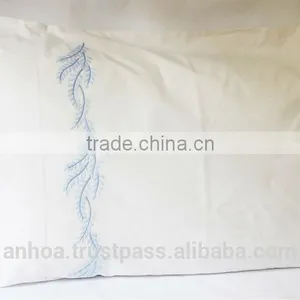 100% White Cotton Blue Stems Embroidered Hemstitched Pillowcases thumbnail-1