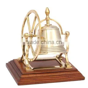 Office Brass Wheel Table Bell With Wooden Base thumbnail-1