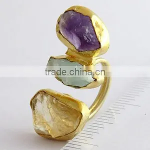 Amethyst & Aquamarine & Ctrine !! 925 Sterling Silver Gold Plated Ring, Silver Jewellery India, 925 Sterling Silver Jewellery thumbnail-2