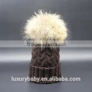 18 CM Big Raccoon Fur Pompom Woman Crochet Hats thumbnail-2