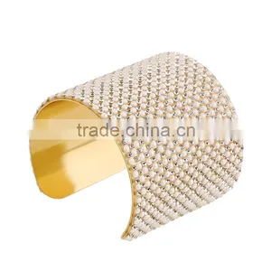 Fashion Full Pearl Rhinestone Open Wide Bracelet Lady Alloy Cuff Bangles thumbnail-1