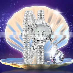 Fashin Alloy Chain Watch 2 Circles Rectangle Pearl Crystal Case Bracelet Luxury Ladies Watches thumbnail-1