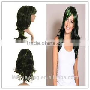 Top Fashionable Black Flicked Wigs With Green Highlights thumbnail-1