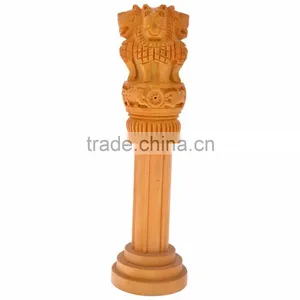 Handicrafts Wooden Ashok Ashoka Stambh Stoop Pillar National Emblem India Wood Carving Statue thumbnail-3