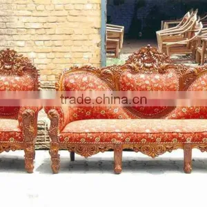 Soild Wood Carved Sofa, Solid Wood Sofa, Wood Frame Sofa, Indian Carved Sofa thumbnail-1