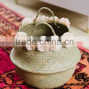 Blush Color Pompom Vietnam Folding Seagrass Basket, Natural Color thumbnail-2