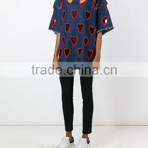 100% Cotton Lady Denim Fashionable T-shirt Cutting Patterns thumbnail-1