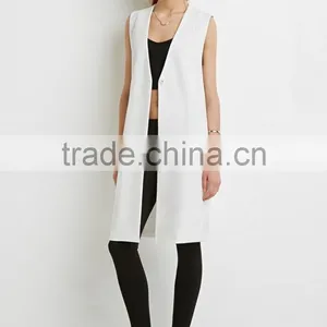 Collarless V-neck Longline Women Vest Woven Vests With Pockets thumbnail-2