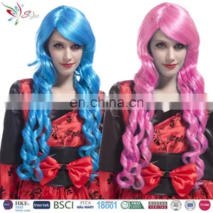 Fashion Women Synthetic Hair Blue and Pink Long Deep Curly Wig thumbnail-1