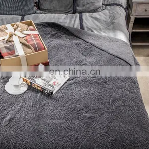 Comfortable Gray Color 100%cotton Velvet Embossed Quilt Bedspread /bedding Sheets Set 3d thumbnail-1