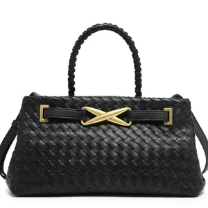 Fashion Minimalist Woven Shoulder Bag Solid Color Gold Belt Buckle Large Capacity PU Magnetic Snap Adjustable Strap for Commute thumbnail-2