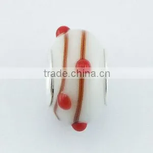 Orange Spiral Red Glass Dots On White Murano Glass Bead thumbnail-1