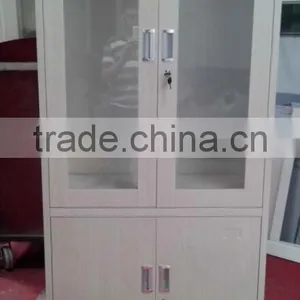 Steel Book Cabinet With Glass Doors and Wood Surface Display Cupboard thumbnail-3