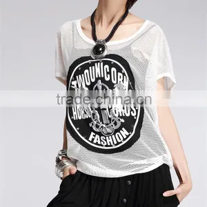 Fashion Womens Mesh Loose Blouse Tops Delicate Print Short Sleeve Summer Tee Shirts Tshirts thumbnail-4