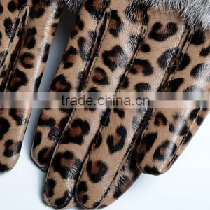 Cool Leopard Design Suede Leather Mittens Rabbit Fur Coverd Wrist Ladies Fashion thumbnail-2
