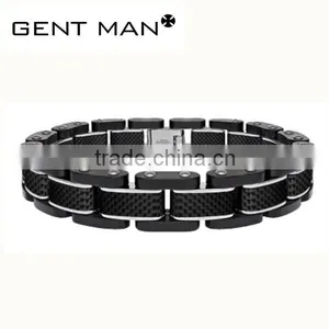 Fashion Men's Stainless Steel & Carbon Fiber Polished Bracelet Wholesale thumbnail-1