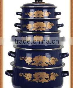 Gold Flower Print Navy Blue Decal Double Handle Enamel Cookware Set Kitchenware Enamel Pot 5 Pcs Stock Belly Pot With Lid thumbnail-1