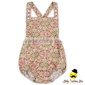 Dreaming Summer Frock Design Flower Printed Crisscross Back Cotton Infant Newborn Baby Girl Pastoralism Floral Romper Clothes thumbnail-3