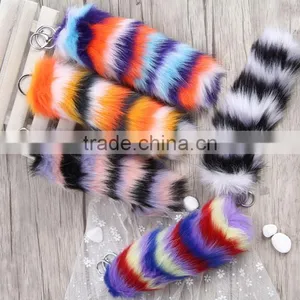 Rainbow Printed Logo Metal Crab Cheap Fake Fur Fox Tail Keychain Manufacture thumbnail-4