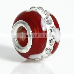 Lampwork Glass European Style Large Hole Charm Beads Round Silver Plated Core Red Clear Rhinestone thumbnail-1