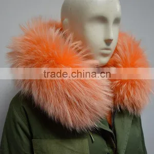 New Style Orange Stripe Faux Fur Lined With Raccoon Fur Collar Fur Coat for Woman thumbnail-5