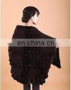 Fashion Knit Shawl Real Mink Fur Knitted Phocho Fur Shawl Women Winter thumbnail-3