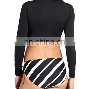 Ladies Solid Black Swimming Wear Long Sleeve Cross Front Crop Rash Guard thumbnail-2