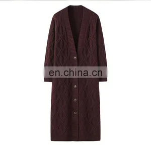 New Arrival Winter Women's X-Long Cardigan Pure Cashmere Chunky Knit Sweater Button Decoration V-Neck Collar Streetwear Style thumbnail-1