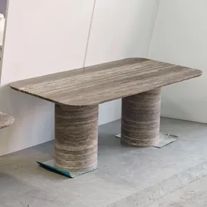 Natural Premium Light-Luxury Silver Grey Travertine Marble Stone Dining Coffee Tea Table for Villas Hotels and Homes thumbnail-3