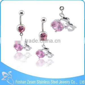 Navel Jewelry Piercing Dangling Pink Crystal Fake Belly Button Ring thumbnail-1