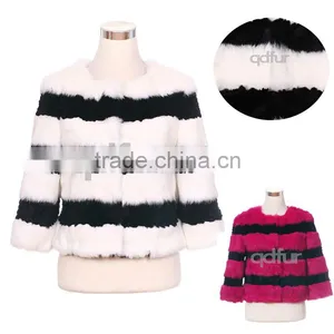 QD30538 Plus Size Intimate Winter Apparel Shearing Black White Rabbit Fur Lady Jacket thumbnail-1