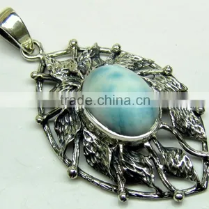 Larimar Oval Cabochon Oxidised Gemstone Pendant, 925 Solid Sterling Silver Pendants, Designer Casting Bezel Pendant thumbnail-1