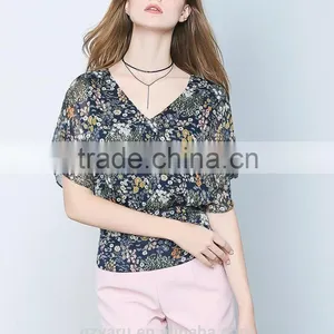 Latest Fashion Design Backless Chiffon V-neck Priting Slim Fit Shirts Ladies Tops thumbnail-2
