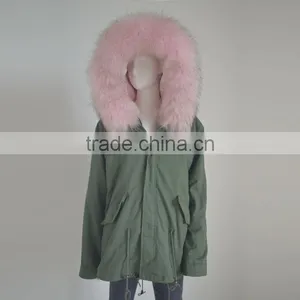 Myfur Army Green Cotton Parka With Pure White Fake Rabbit Fur Lining thumbnail-2