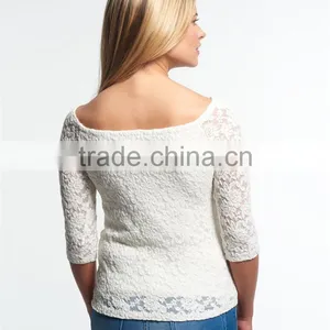 2016 Guangzhou Shandao Hot Selling New Arrivals Summer Casual Fat Women 3/4 Sleeve White Boat Neck Slim Lace Plus Size Top thumbnail-4